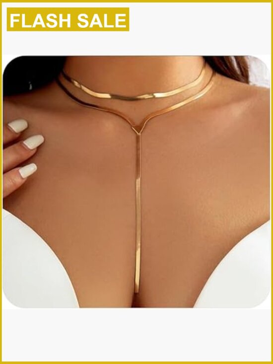 Jewelry - Chunky Gold Choker Necklace, Trendy Snake Chain Statement Jewelry, Prom Body